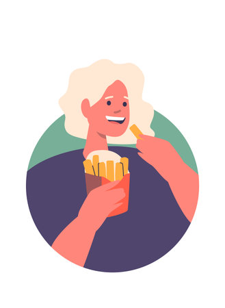 Woman eating fried french potatoのイラスト素材