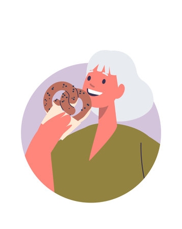 Elderly woman eating pretzel avatarのイラスト素材