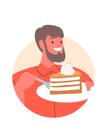 Young man eating cake portionのイラスト素材