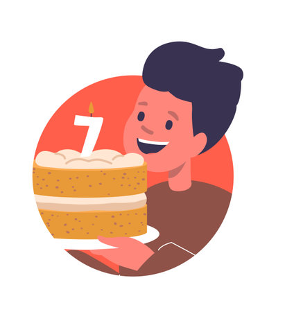 Little boy biting birthday cakeのイラスト素材