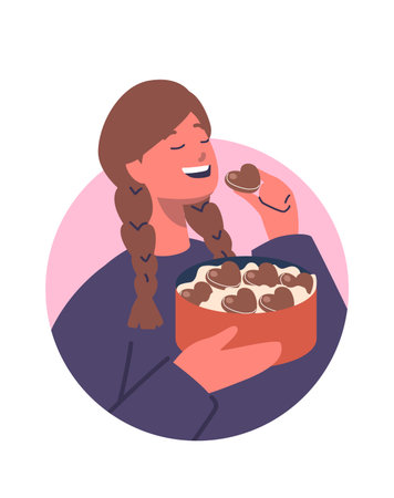 Young woman eating chocolate candiesのイラスト素材