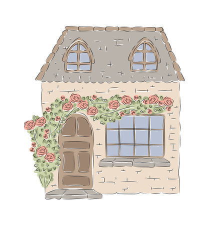 Cottage With Rose Vine Sketchのイラスト素材