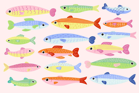 Sardines Hand Drawn Fishes Setのイラスト素材