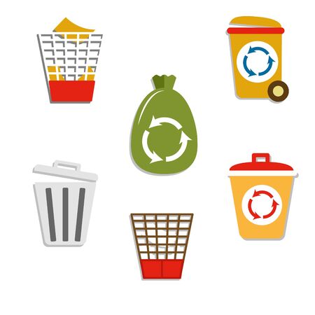 Garbage cans and bags in flat style icons. Vector icons of garbage bags, dumpsters and cans. With recycle symbol. EPS 10 のイラスト素材