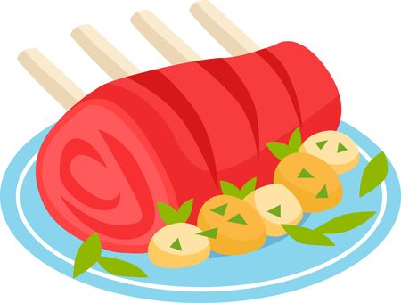 Vector illustration of roasted meat isolated. With potatoes and greens on plate.のイラスト素材