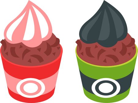 Set of vector cartoon ice cream icons in different flavors, cups and with various toppings. Isolated illustrations.のイラスト素材