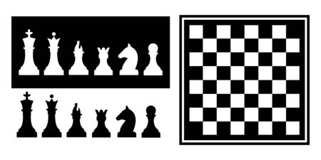 Chess board game on white background. Silhouettes of chess pieces. Trendy flat style for graphic design, web-site.のイラスト素材