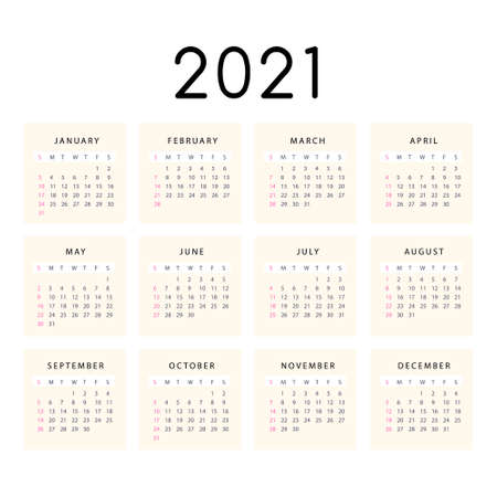 New year 2021 calendar in flat design Vector illustration. Week Starts on Sunday. Planner diary in a minimalist style. Monthly calendar ready for print.のイラスト素材