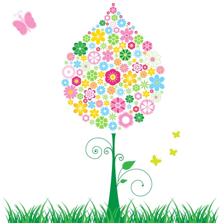 Flowered tree illustration with butterflies.のイラスト素材