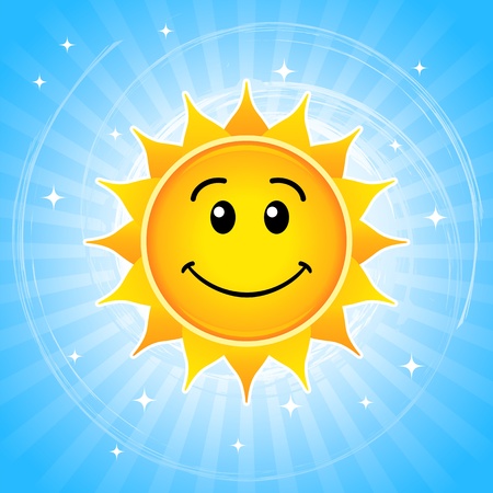 Happy sun illustration against blue sky.のイラスト素材