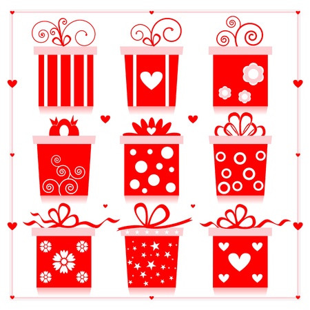 Set of red gifts with pattern and bow knots.のイラスト素材
