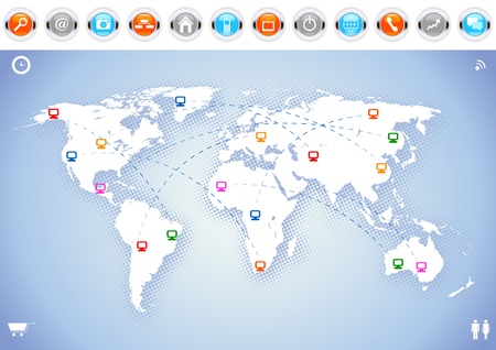 World map with social network and communication icons.のイラスト素材