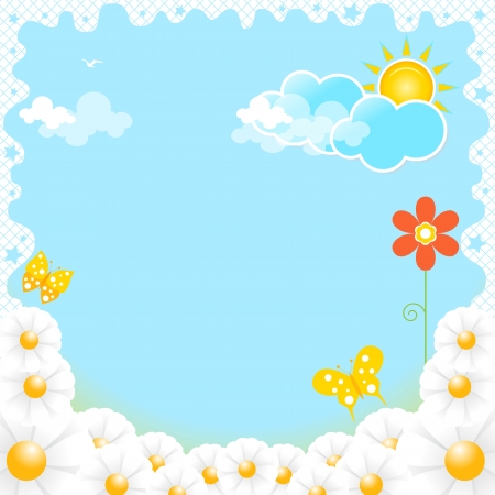 Flowers on a background of blue sky with cloudsのイラスト素材