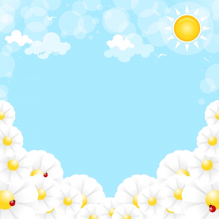  Flowers on a background of blue sky with cloudsのイラスト素材