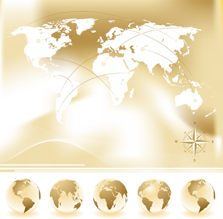 Vector set of World map with four globes and compass  のイラスト素材