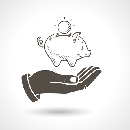 Hand holding a hand drawn piggy bank, vector icon.のイラスト素材