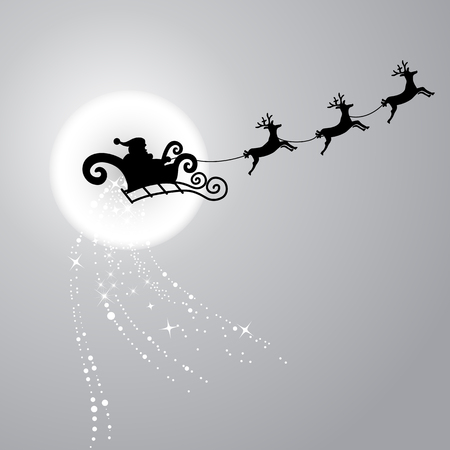 Black Silhouette. Santa Claus flying with reindeer sleigh. Vector, Illustration.のイラスト素材