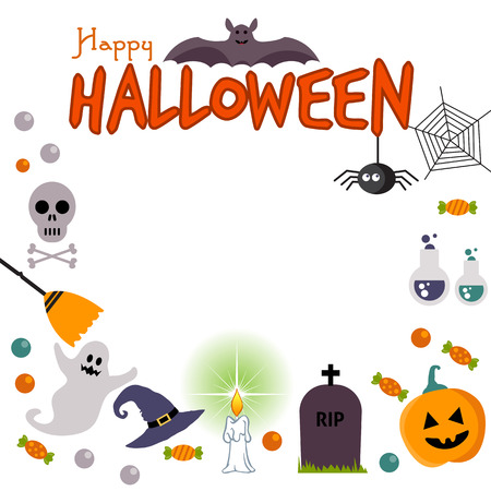 Set of Halloween Fun and Colorful Design Elements and Icons on White Backgroundのイラスト素材