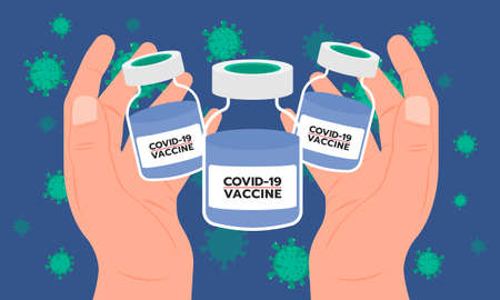 Graphic illustration about Hands with Covid-19 Vaccines, Prevent virus, coronavirus. Flat designのイラスト素材