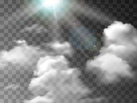 White fog texture isolated on transparent background. Steam special effect. Realistic vector fire smoke or mist.のイラスト素材