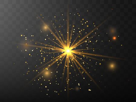 The yellow glowing light explodes with a blast with a transparent one. Vector illustration for perfect effect with sparkles. Bright Star. Transparent shine of the gloss gradient, bright flash.のイラスト素材