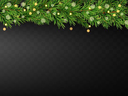 Christmas border with fir branches, pine cones, berries and lightsのイラスト素材