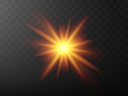 The yellow glowing light explodes with a blast with a transparent one. Vector illustration for perfect effect with sparkles. Bright Star. Transparent shine of the gloss gradient, bright flash. Textureのイラスト素材