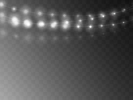 Christmas lights. Colorful Xmas garland. Vector red, yellow, blue and green glow light bulbs on wire strings isolated.のイラスト素材