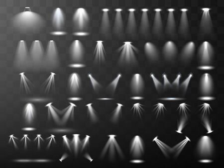 Scene illumination collection. Big set Bright lighting with spotlights. Spot lighting of the stage.Vector spotlight. Light effect.Glow isolated white transparent light effect. Abstract special effectのイラスト素材