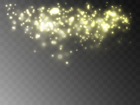 The dust sparks and golden stars shine with special light. Vector sparkles on a transparent background. Christmas light effect. Sparkling magical dust particlesのイラスト素材