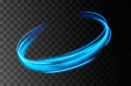 Vector neon light line circle in motion. Glowing blue ring trace. Glitter magic sparkle swirl trail effect on transparent background. Bokeh glitter round wave line with flying sparkling flash lightsのイラスト素材