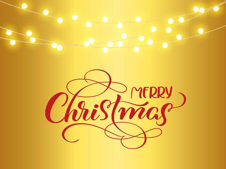 Christmas red decoration on golden background. Merry Christmas and text. Hanging glitter garlands stars. Winter season sparkling ornaments on a string. For party posters, bannersのイラスト素材