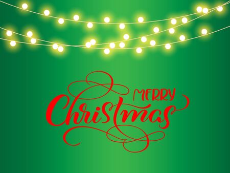 Christmas red decoration on green background. Merry Christmas and text. Hanging glitter garlands stars. Winter season sparkling ornaments on a string. For party posters, bannersのイラスト素材