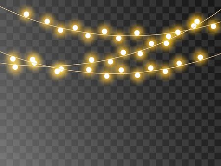 Christmas lights isolated realistic design elements. Glowing lights for Xmas Holiday cards, banners, posters, web design. Garlands decorations.のイラスト素材