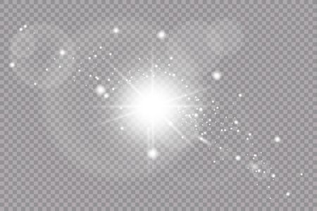 White glowing light explodes on a transparent background. with ray. Transparent shining sun, bright flash. Special lens flare light effect.のイラスト素材