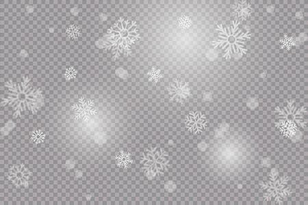 Vector heavy snowfall, snowflakes in different shapes and forms. Snow flakes, snow background. Falling Christmas Shining transparent beautiful, little snowのイラスト素材