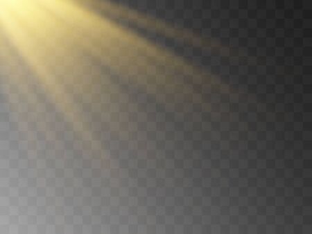 Vector transparent sunlight special lens flash light effect.front sun lens flash. Vector blur in the light of radiance. Element of decor. Horizontal stellar rays and searchlight.のイラスト素材