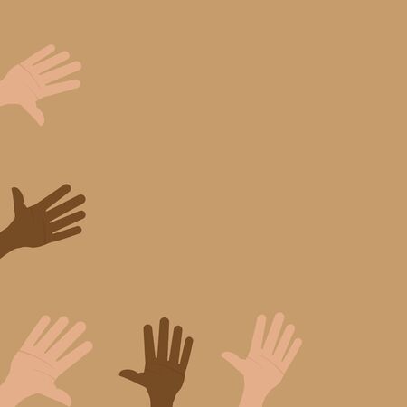 Flat vector illustration of people with different skin colors raising their hands. Unity conceptのイラスト素材