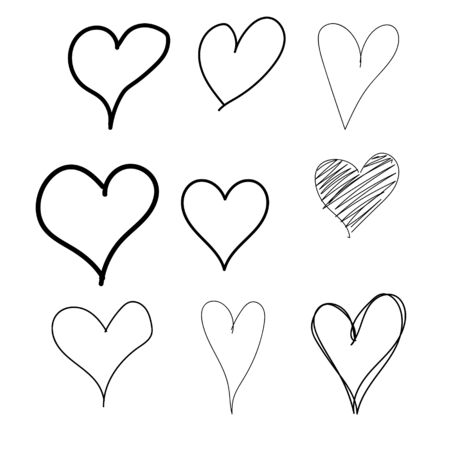 Set of nine hand drawn heart. Hand drawn rough marker hearts isolated on white background. Vector for your graphic design.のイラスト素材