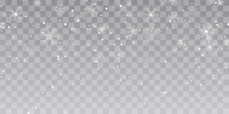 Vector heavy snowfall, snowflakes in different shapes and forms. Snow flakes, snow background. Falling Christmas.のイラスト素材