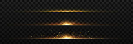 yellow horizontal lens flares pack. Laser beams, horizontal light rays.Beautiful light flares. Glowing streaks on dark background. Luminous abstract sparkling lined background. Vector illustrationのイラスト素材