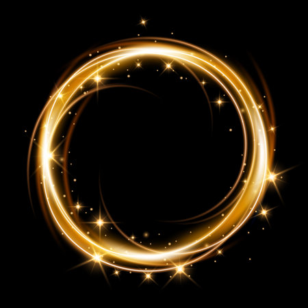 Abstract golden circle with sparkles on black background. vector illustration.のイラスト素材