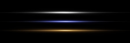 Set of three horizontal lens flares. Glowing streaks on black background. Luminous abstract sparkling lined background. light effect.のイラスト素材