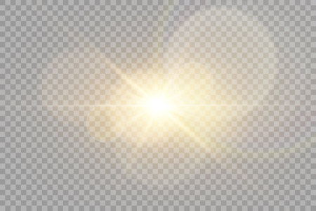 Light effect of lens flares. Yellow glowing lights starburst effects with sparkles on a transparent background.のイラスト素材