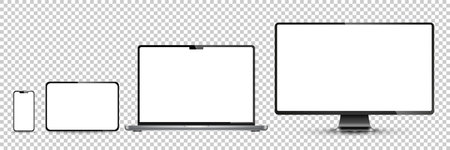 Realistic computer monitor, laptop, tablet and mobile phone with blank screen. vector illustration.のイラスト素材