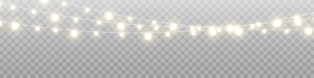 Christmas lights isolated realistic design elements. Glowing lights for Xmas Holiday cards, banners, posters, web design. Garlands decorations. Led neon lamp.のイラスト素材