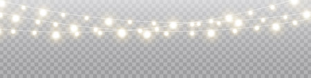 Christmas lights isolated realistic design elements. Glowing lights for Xmas Holiday cards, banners, posters, web design. Garlands decorations. Led neon lamp.のイラスト素材