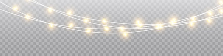 Christmas lights isolated realistic design elements. Glowing lights for Xmas Holiday cards, banners, posters, web design. Garlands decorations. Led neon lamp.のイラスト素材