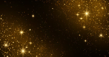 Golden glittering stars and sparkles on black background. vector illustration.のイラスト素材