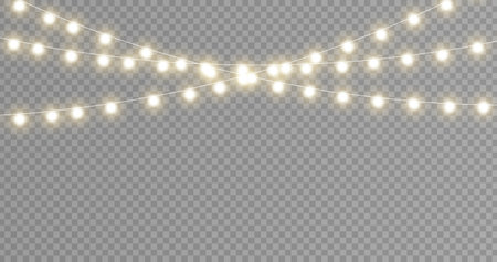christmas lights. Garlands decorations isolated on transparent background. Xmas glowing bulbs.のイラスト素材